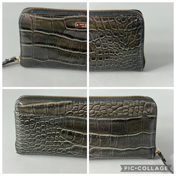 Kate Spade New York Croc-Print Green Patent Leather Zip-Around Long Wallet - Picture 4 of 13